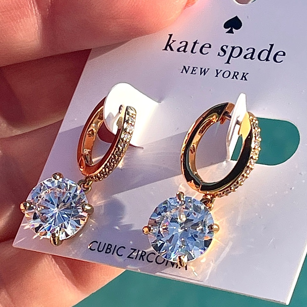 Kate Spade NWT Crystal Drop Gold hoop Huggies Earrings Brilliant CubicZirconia